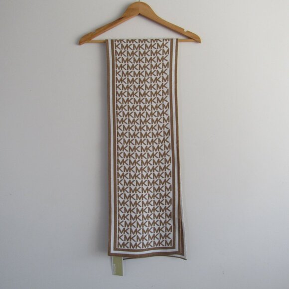 Michael Michael Kors Women's Signature MK Logo Knit Scarf Tan White Cozy Winter - Picture 4 of 8